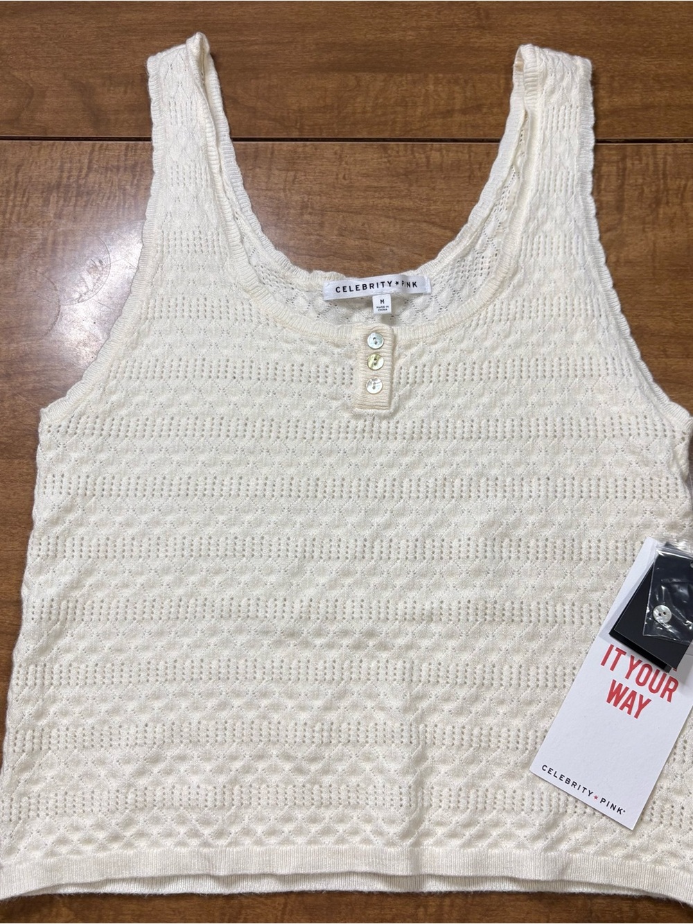 NWT Celebrity Pink Ivory Pointelle Knit Henley Tank Top Size Medium
